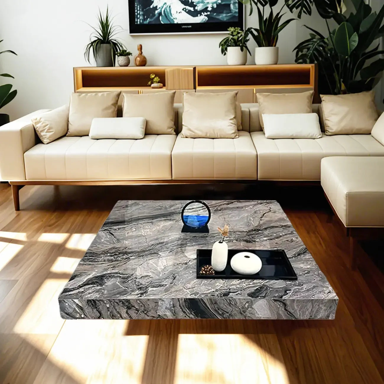 Table basse carrée grise moderne avec piètement en acier inoxydable