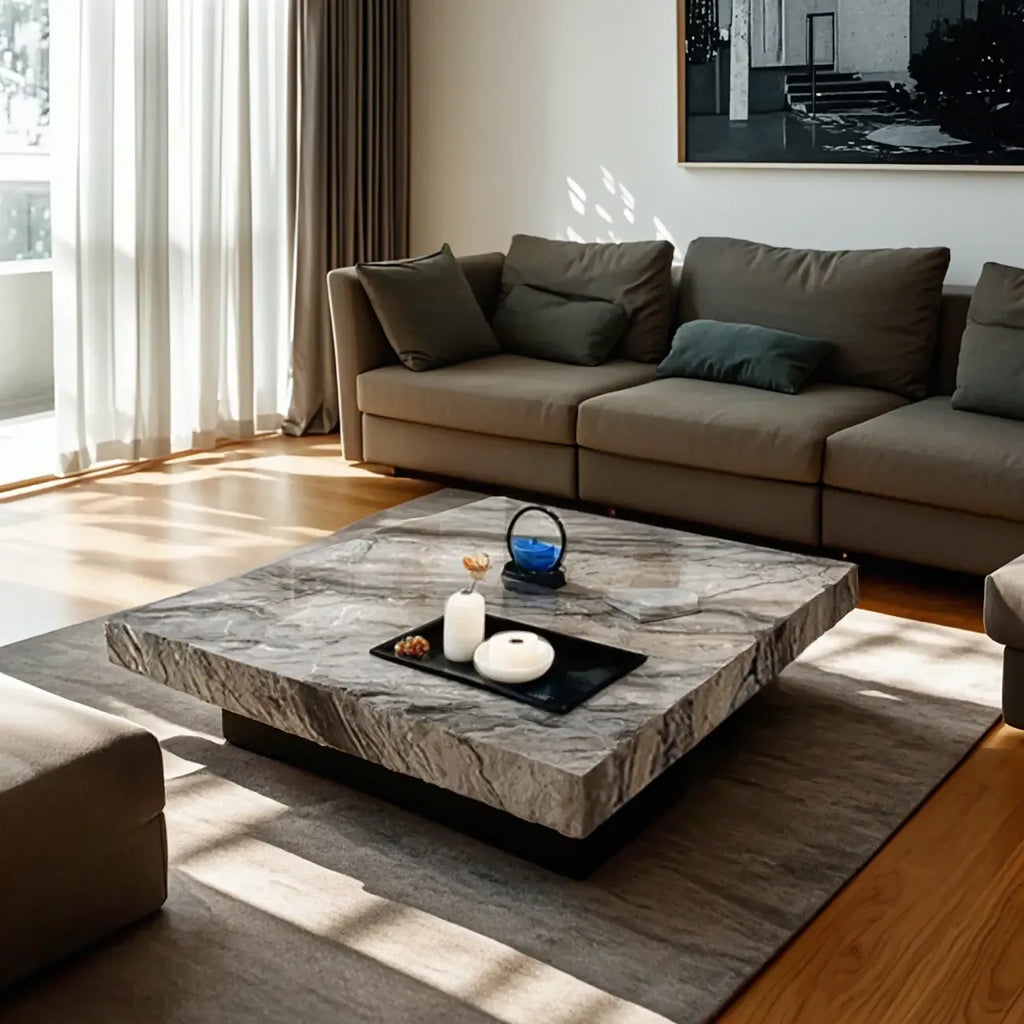 Table basse carrée grise moderne avec piètement en acier inoxydable