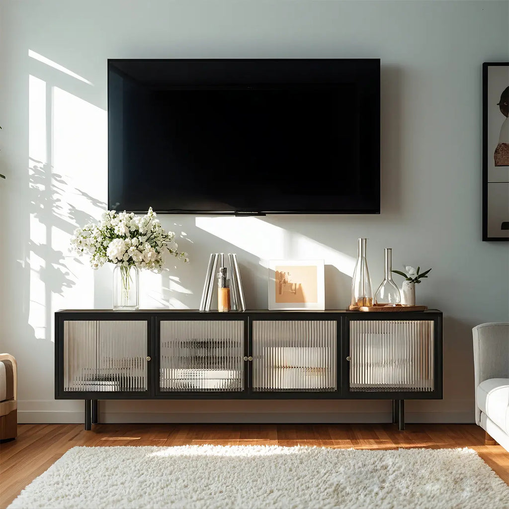 Meuble TV industriel avec porte en verre noir et étagère en métal