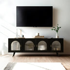 Meuble TV industriel avec porte en verre noir et étagère en métal