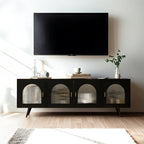 Meuble TV industriel avec porte en verre noir et étagère en métal