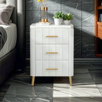 Table de chevet glamour en cuir rose avec plateau en marbre et 3 tiroirs
