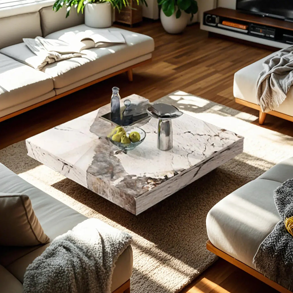 Table basse carrée blanche moderne et élégante avec piètement argenté