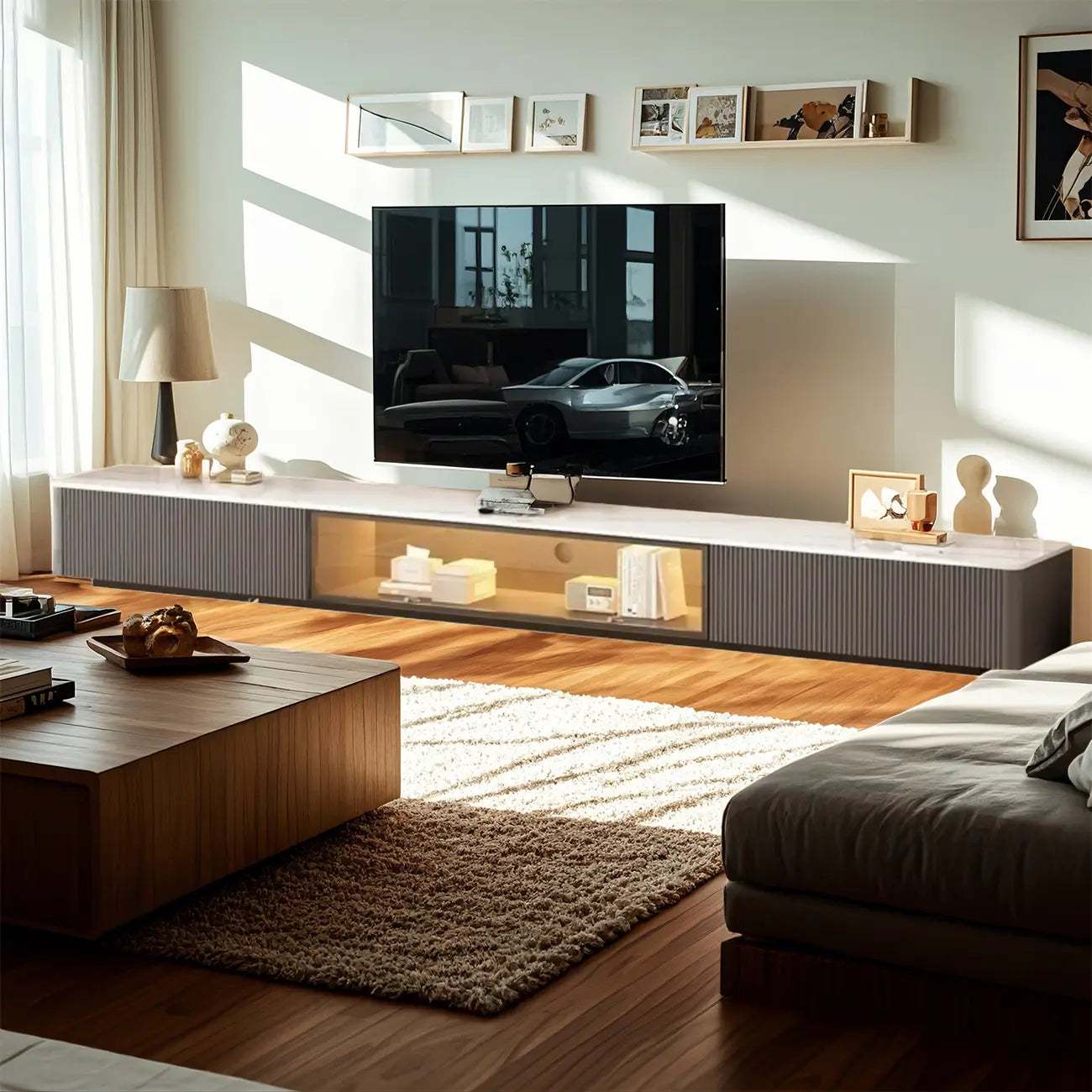 Mobile porta TV Long Stone 63 Champagne con gestione dei cavi