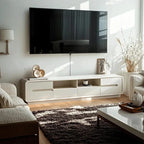 Meuble TV minimaliste en bois blanc avec rangements ouverts et tiroirs