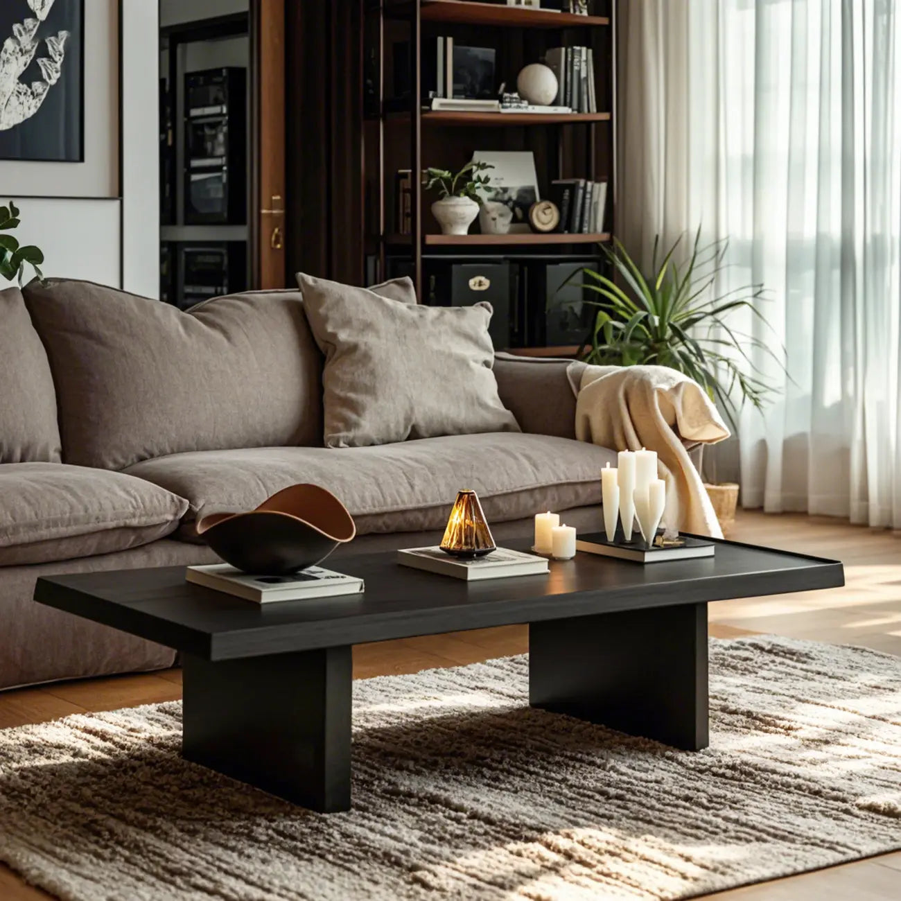 Table basse rectangulaire moderne en frêne avec piètement traîneau