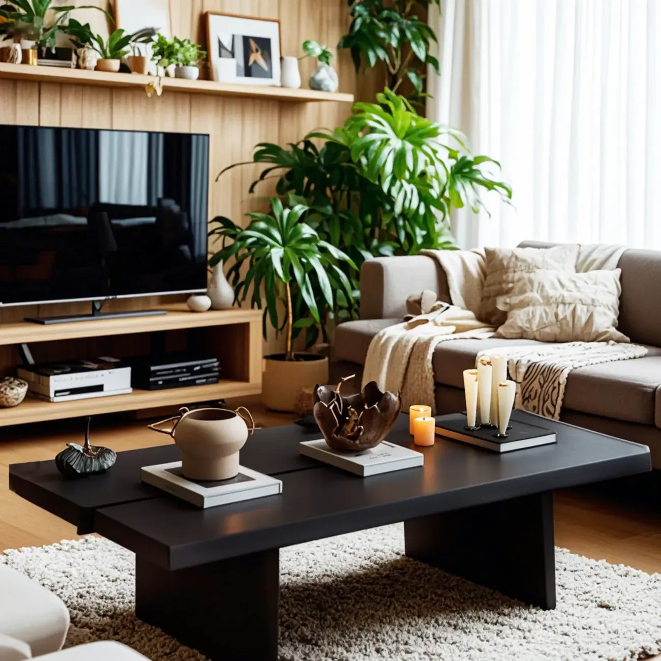 Table basse rectangulaire moderne en frêne avec piètement traîneau