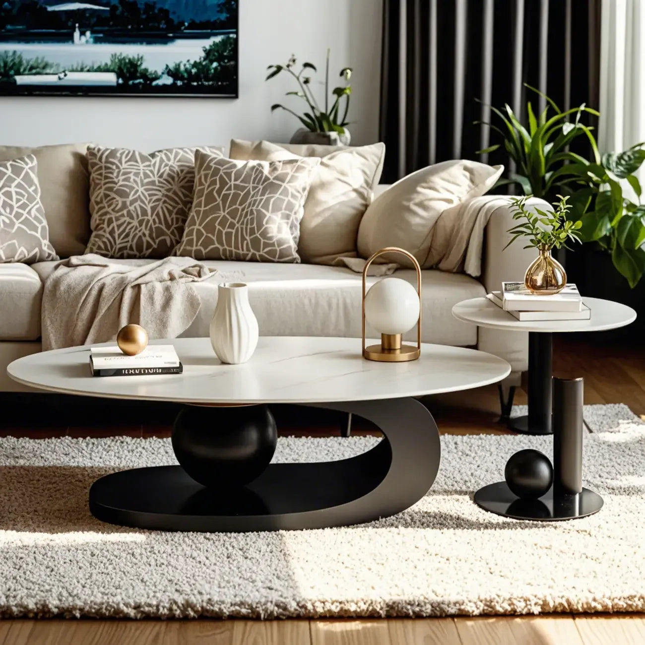 Table basse ovale blanche moderne et luxueuse avec piètement en métal