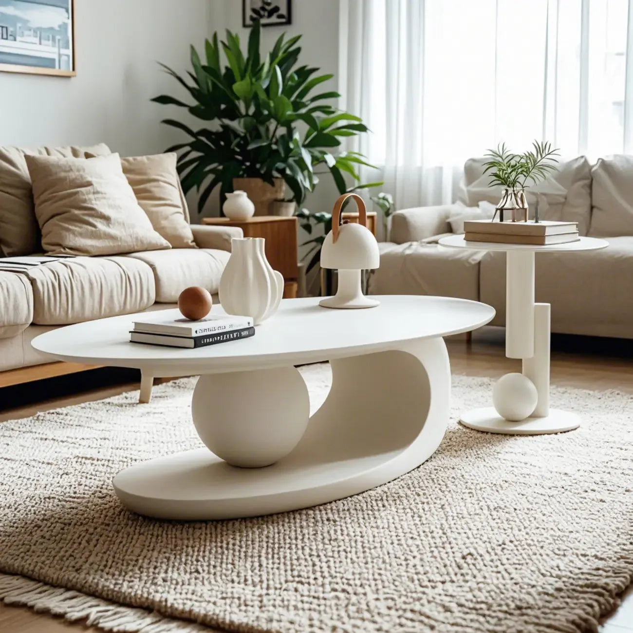 Table basse ovale blanche moderne et luxueuse avec piètement en métal