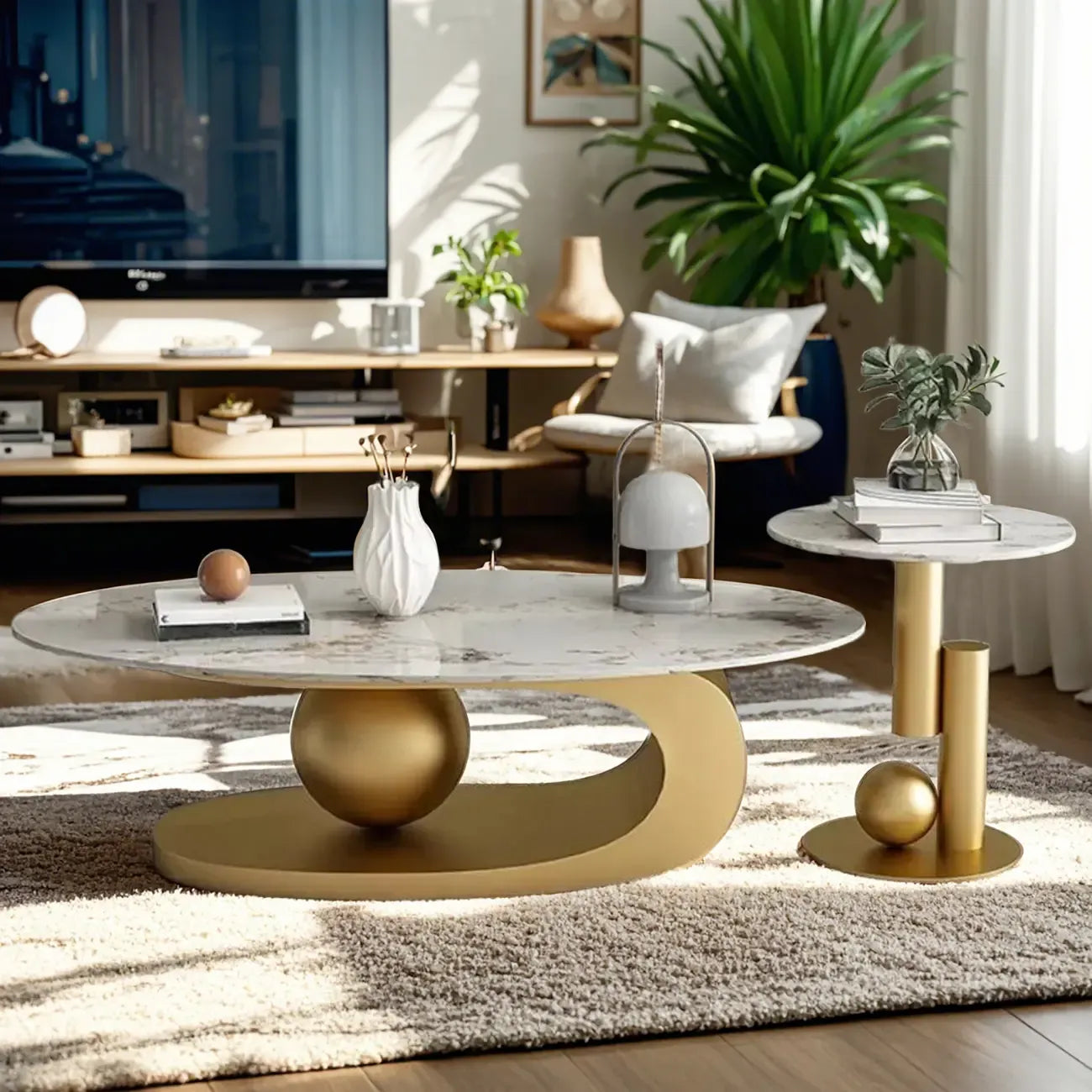 Table basse ovale blanche moderne et luxueuse avec piètement en métal