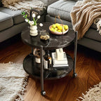 Table basse ronde moderne en bois à deux niveaux avec roulettes et plateau