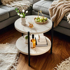 Table basse ronde moderne en bois à deux niveaux avec roulettes et plateau