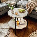 Table basse ronde moderne en bois à deux niveaux avec roulettes et plateau