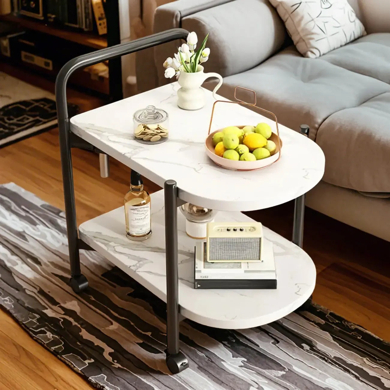 Table basse ronde moderne en bois à deux niveaux avec roulettes et plateau