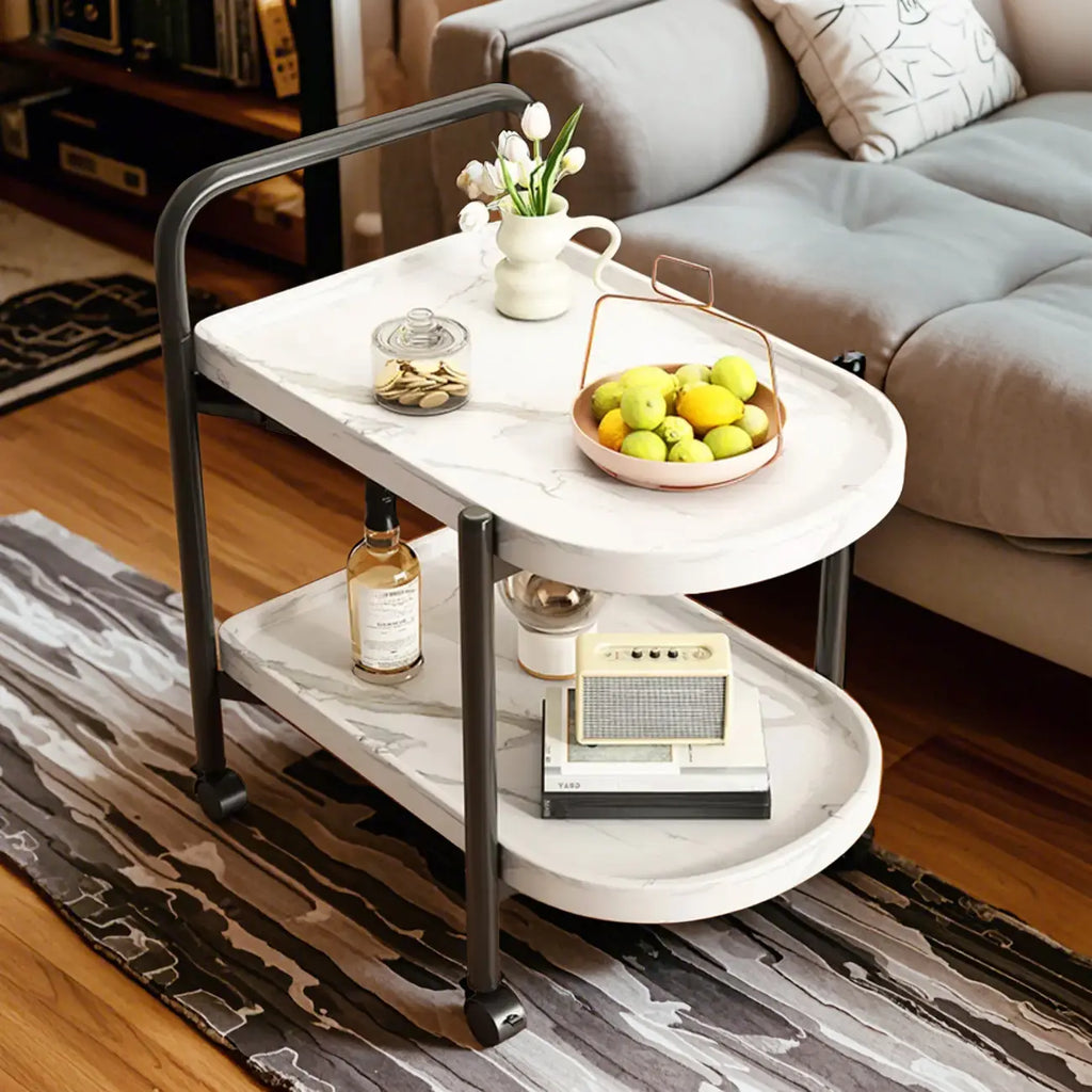 Table basse ronde moderne en bois à deux niveaux avec roulettes et plateau