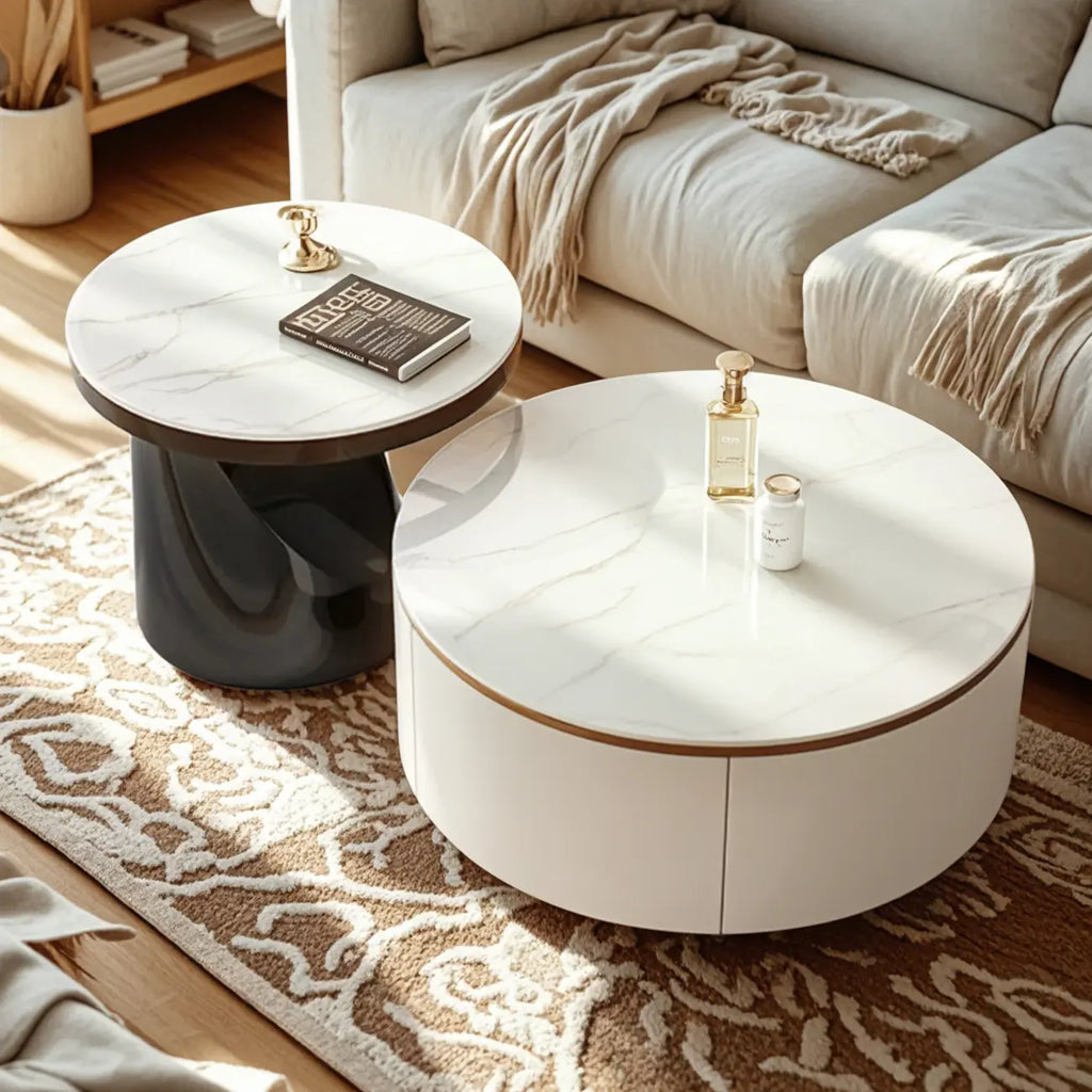 Élégante table basse ronde gigogne d'intérieur avec 2 tiroirs