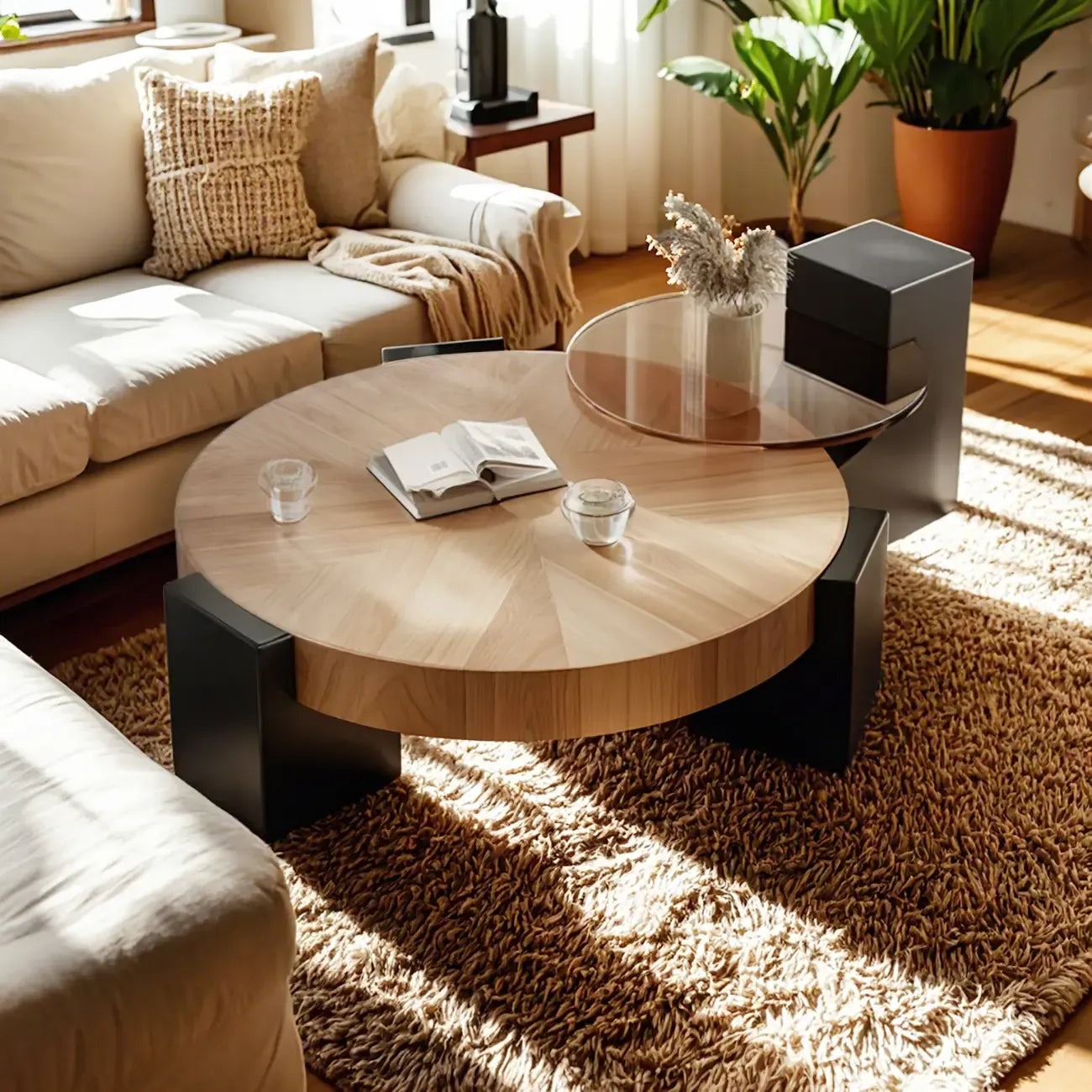 Élégante table basse ronde gigogne d'intérieur avec 2 tiroirs