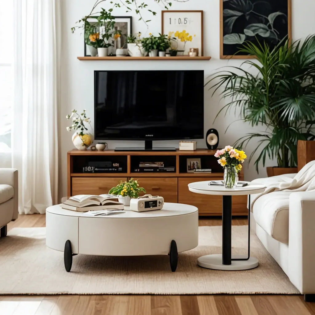 Élégante table basse ronde gigogne d'intérieur avec 2 tiroirs