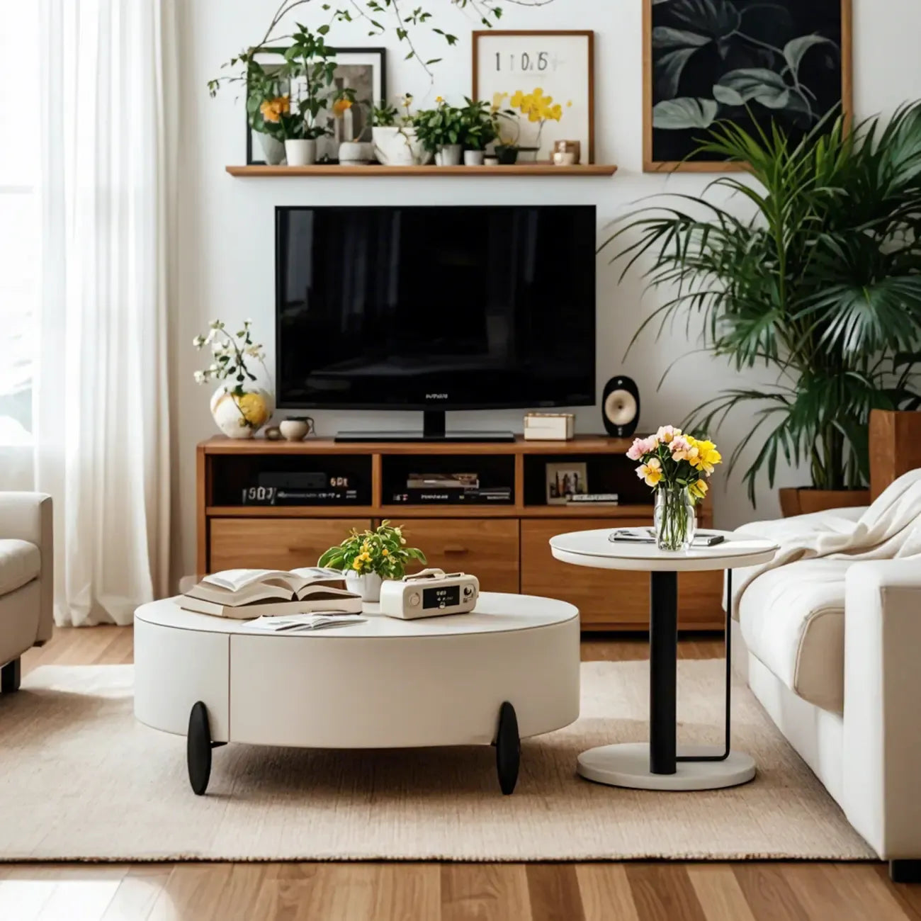 Élégante table basse ronde gigogne d'intérieur avec 2 tiroirs