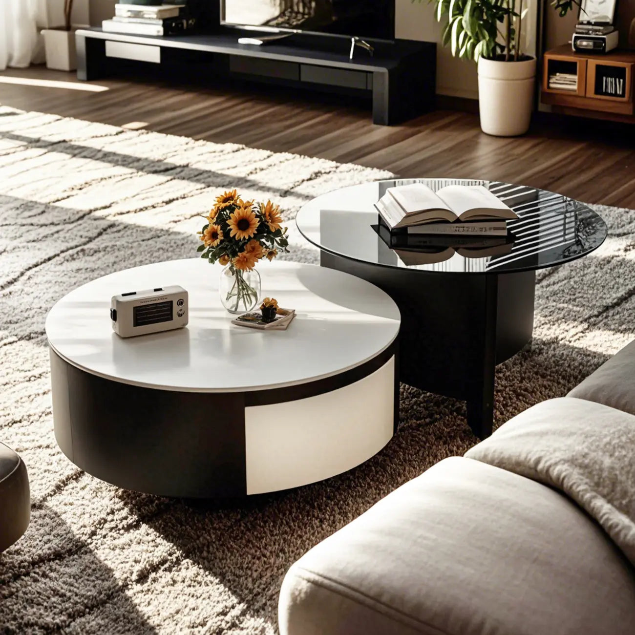 Élégante table basse ronde gigogne d'intérieur avec 2 tiroirs