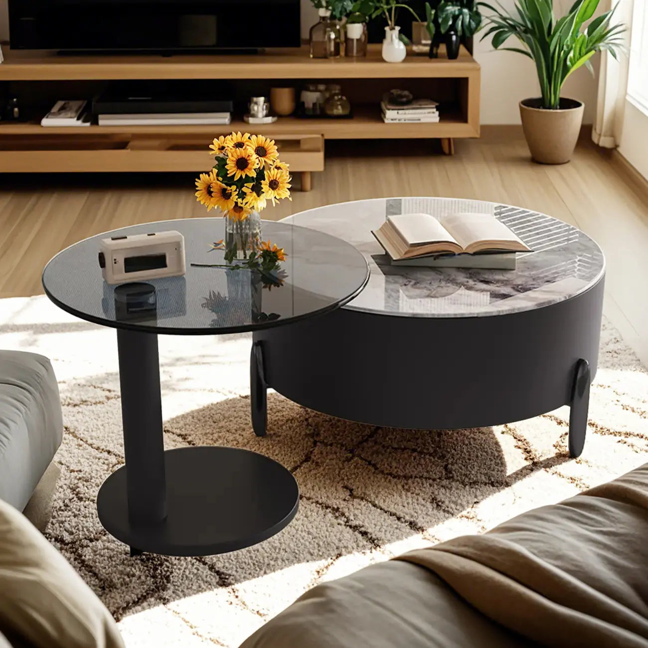 Élégante table basse ronde gigogne d'intérieur avec 2 tiroirs