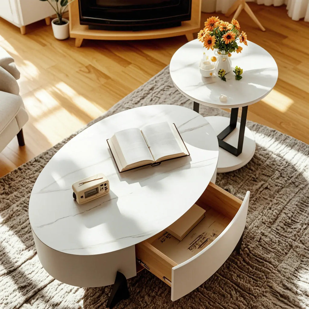 Élégante table basse ronde gigogne d'intérieur avec 2 tiroirs