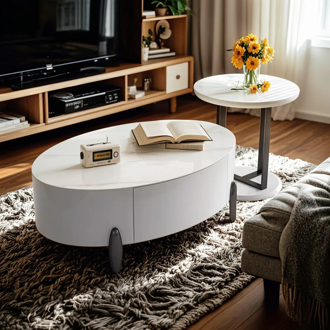Élégante table basse ronde gigogne d'intérieur avec 2 tiroirs