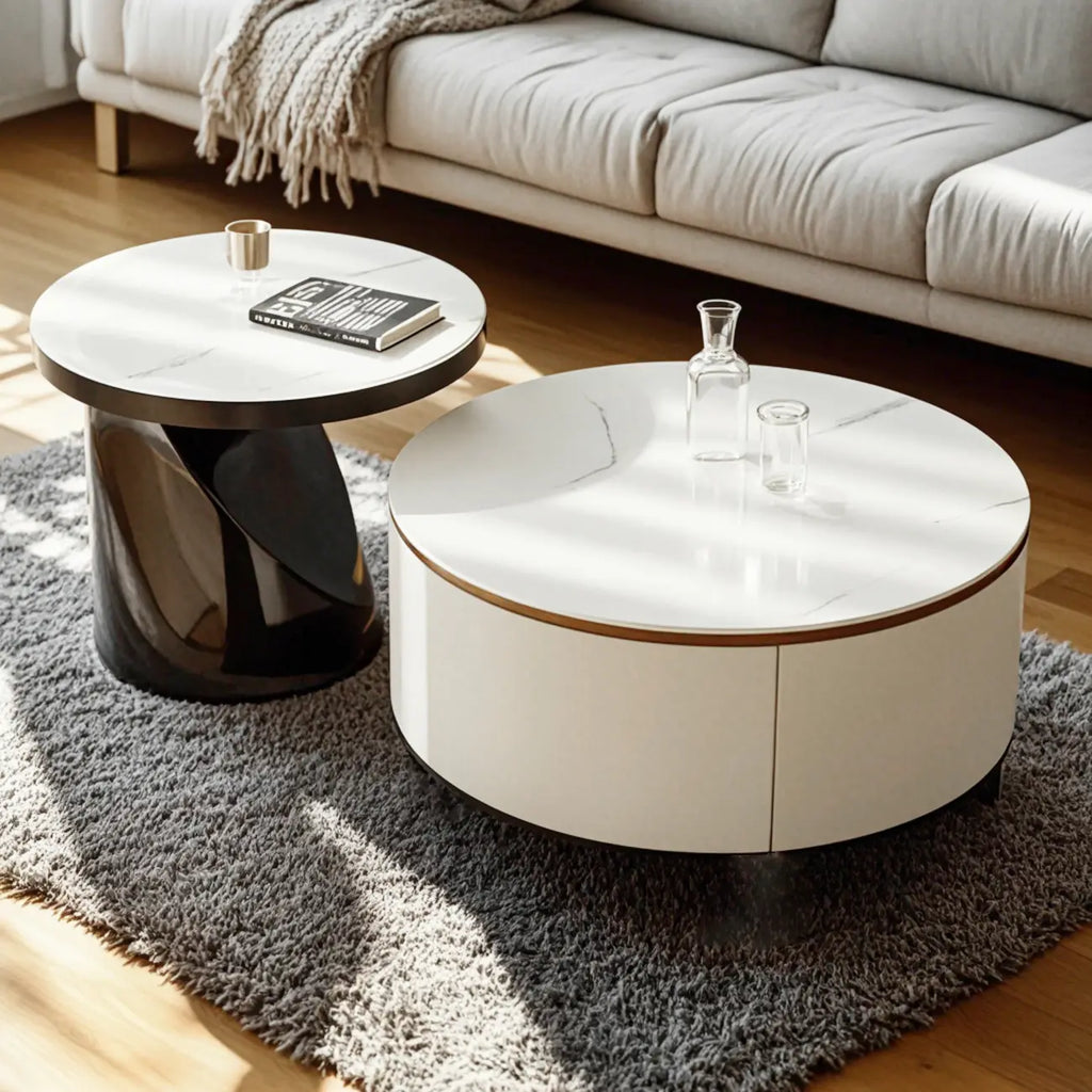 Élégante table basse ronde gigogne d'intérieur avec 2 tiroirs