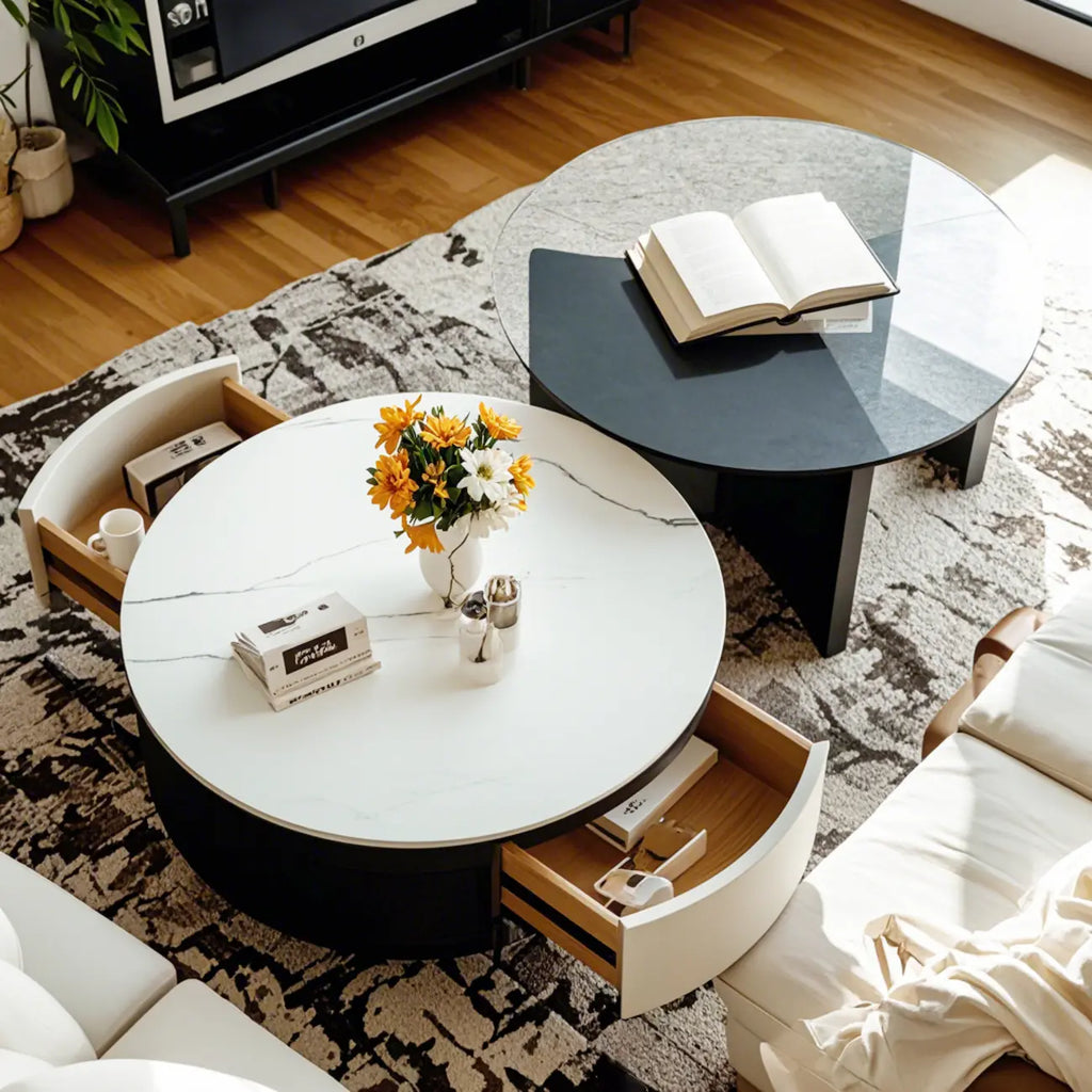 Élégante table basse ronde gigogne d'intérieur avec 2 tiroirs