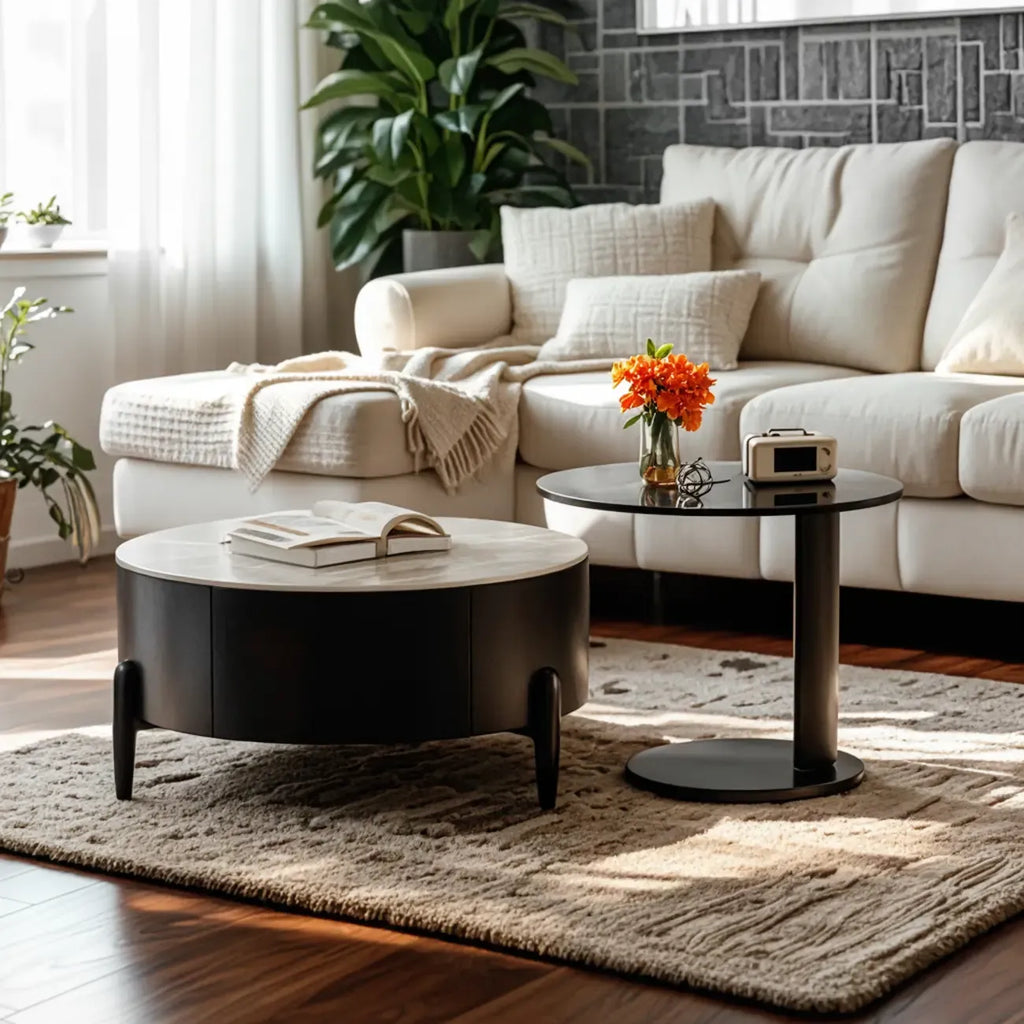 Élégante table basse ronde gigogne d'intérieur avec 2 tiroirs
