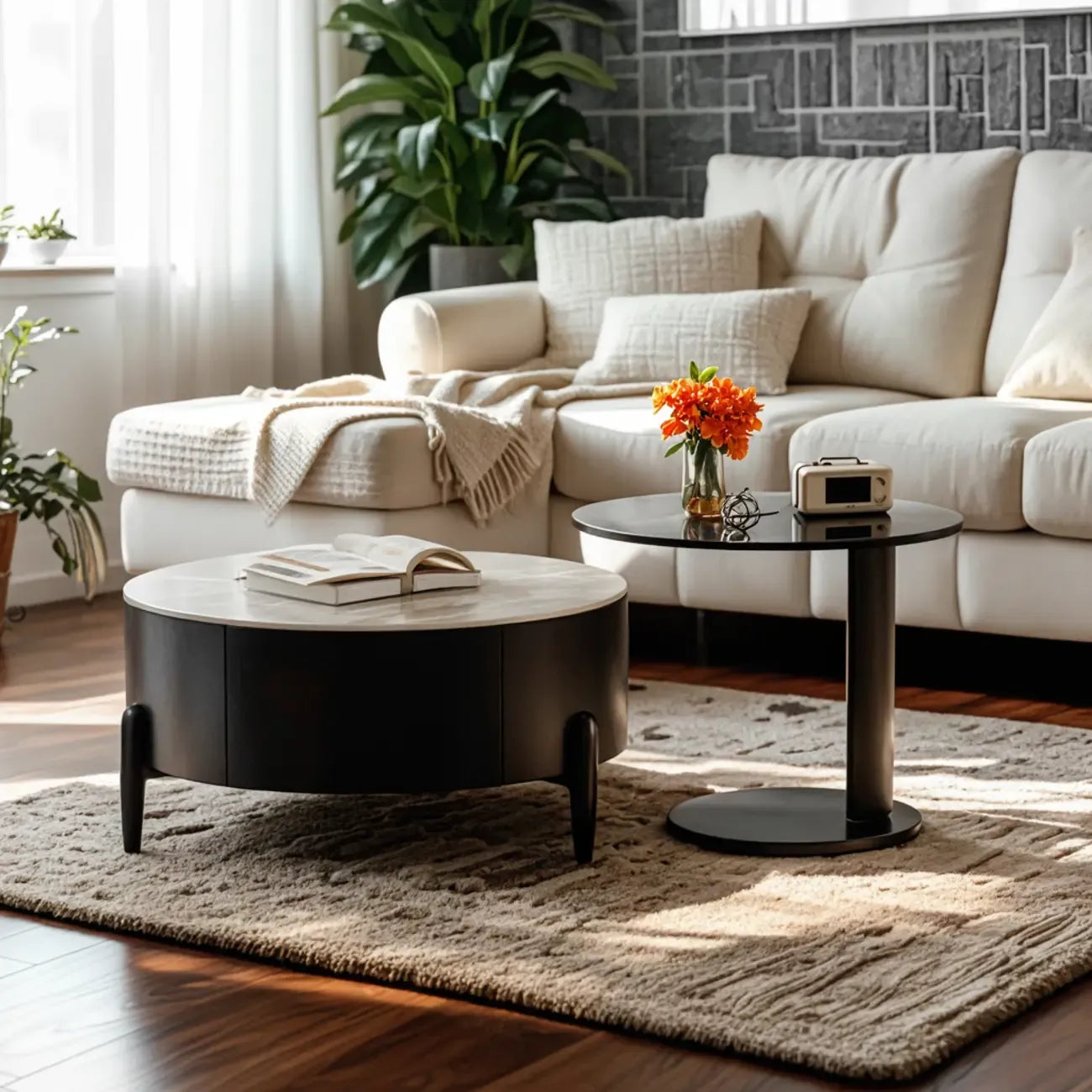 Élégante table basse ronde gigogne d'intérieur avec 2 tiroirs