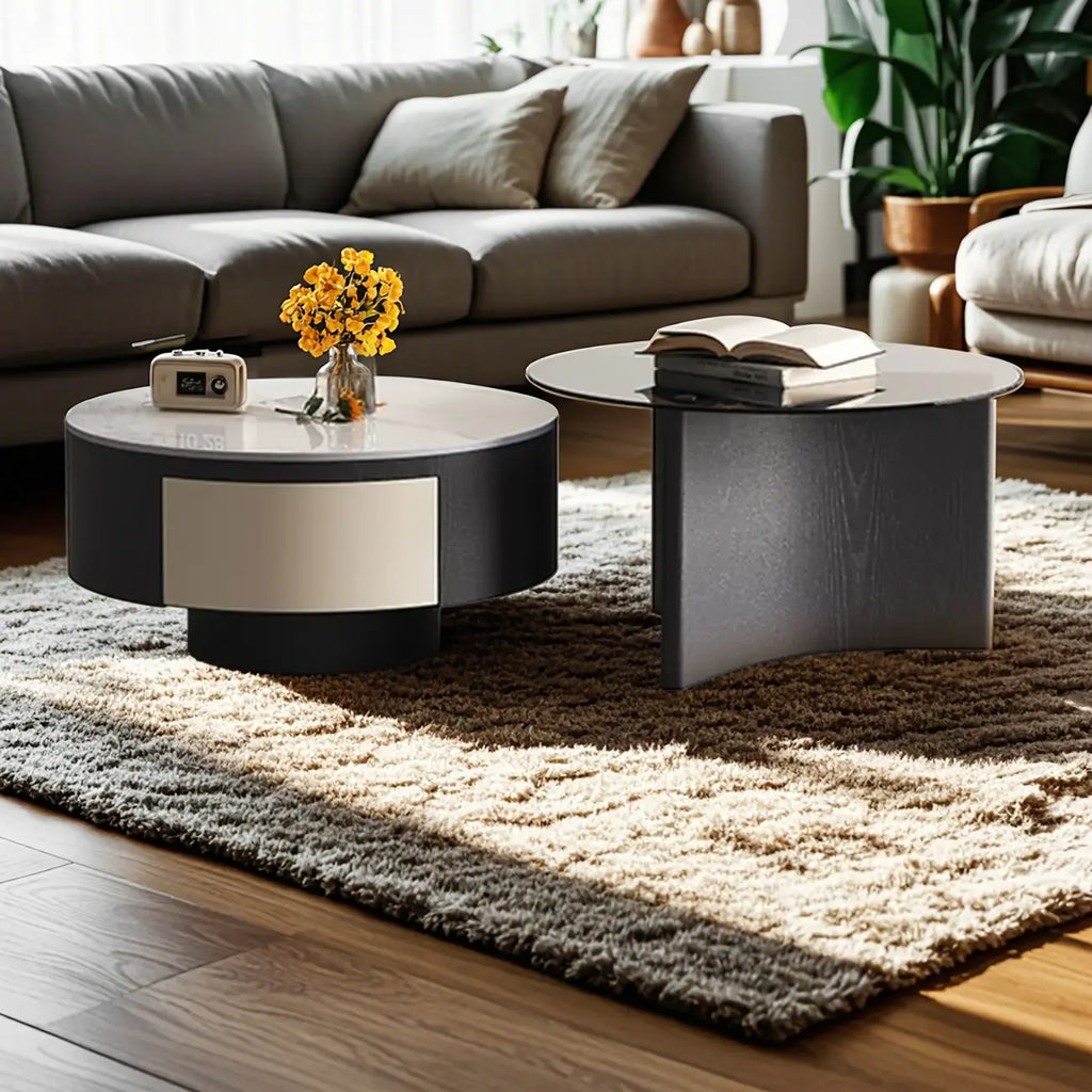 Élégante table basse ronde gigogne d'intérieur avec 2 tiroirs