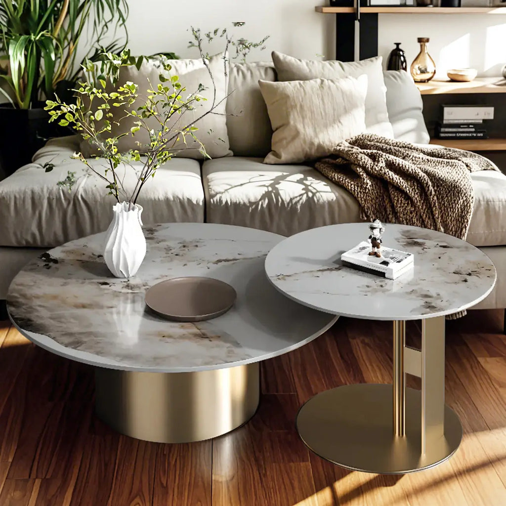 Ensemble de tables basses gigognes rondes grises modernes avec plateau en marbre