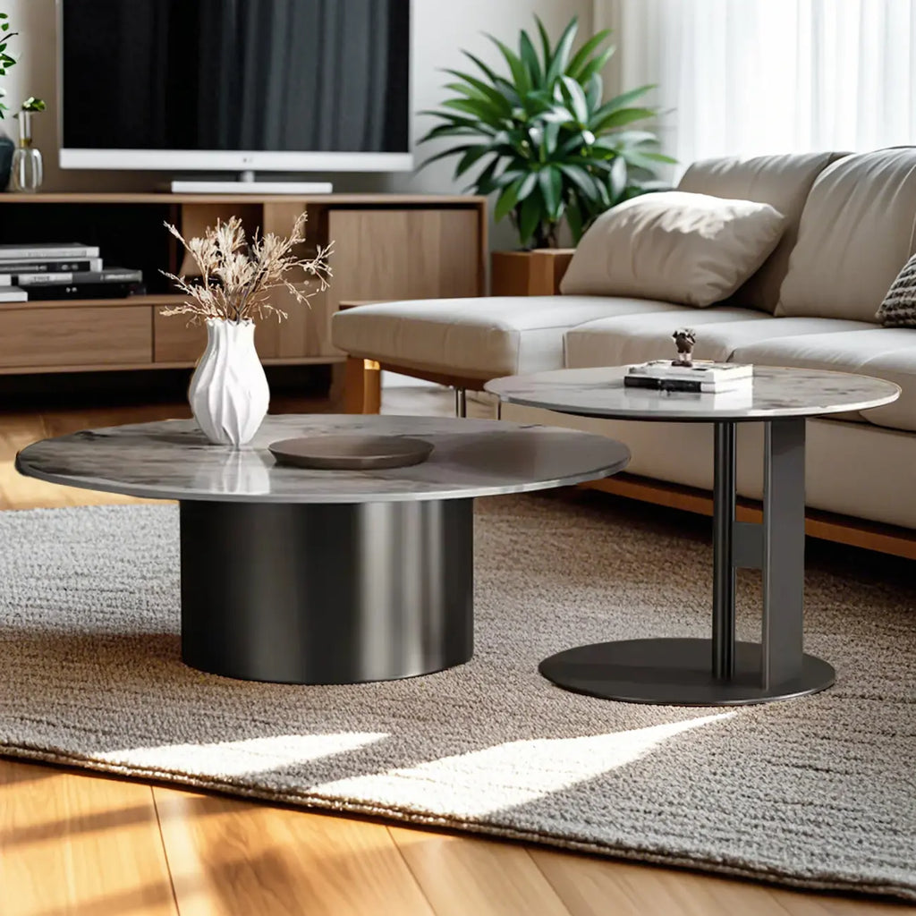 Ensemble de tables basses gigognes rondes grises modernes avec plateau en marbre