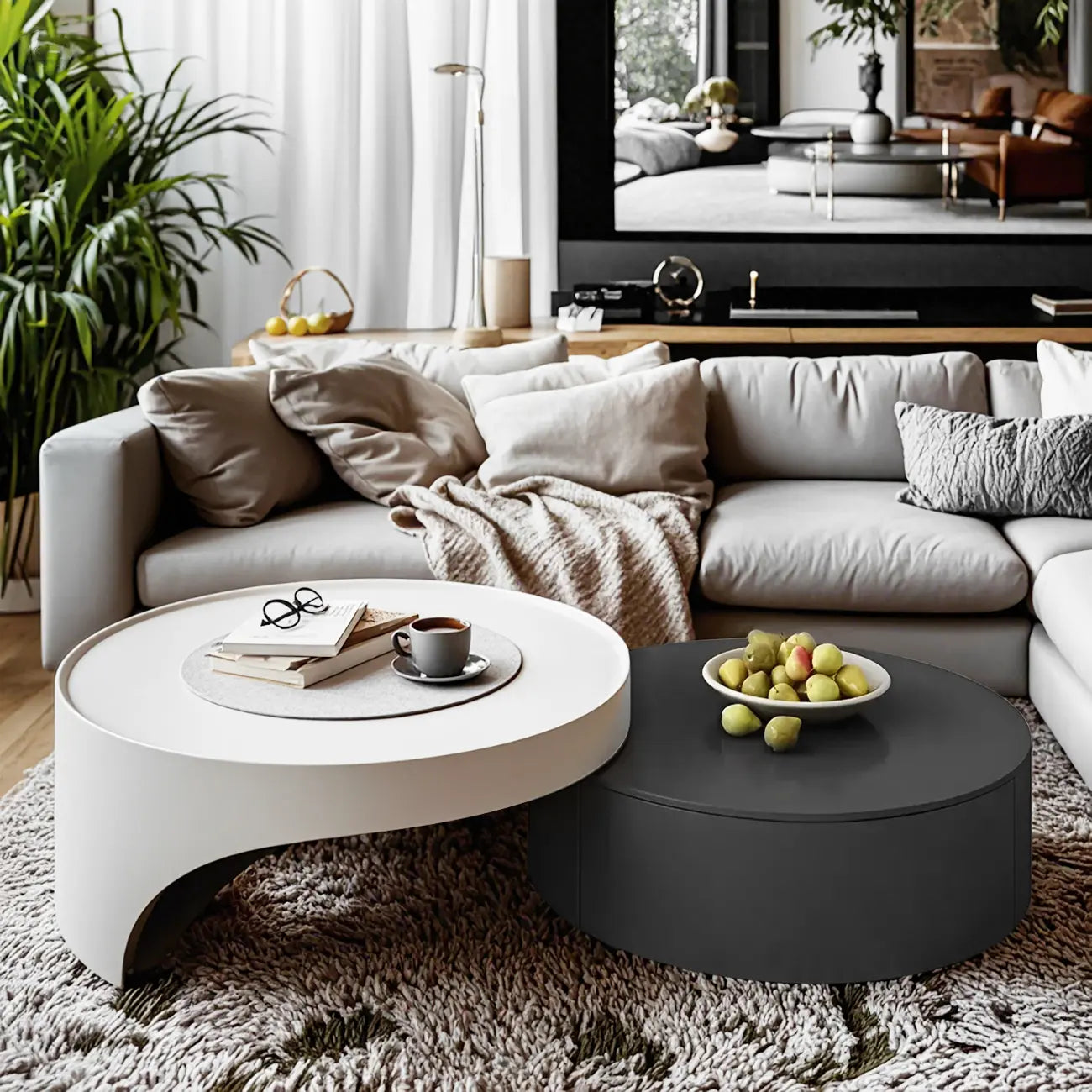 Table basse ronde moderne en bois gris avec tiroir