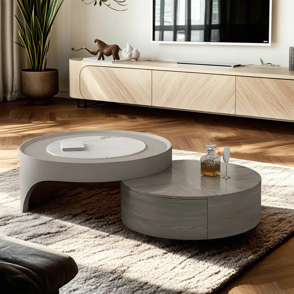 Table basse ronde moderne en bois gris avec tiroir