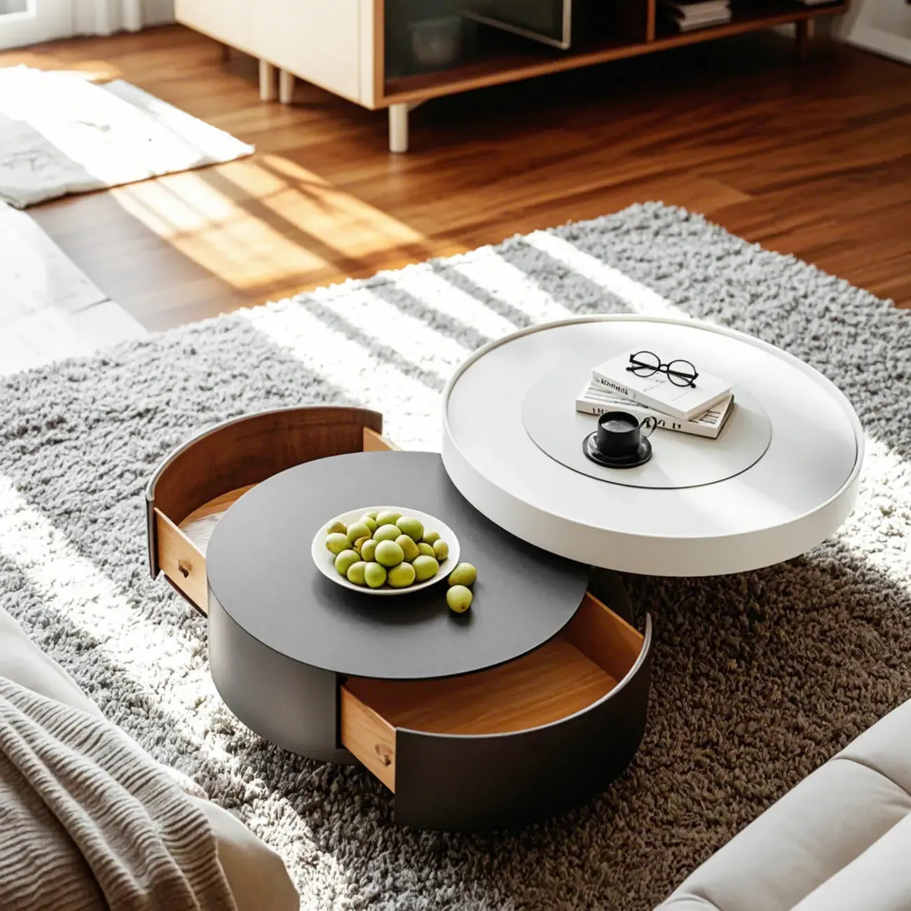 Table basse ronde moderne en bois gris avec tiroir