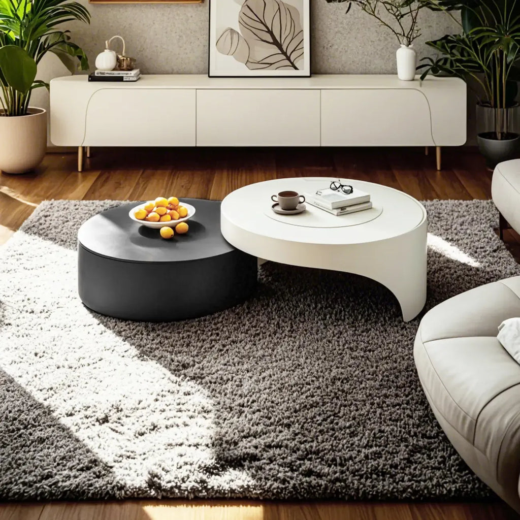 Table basse ronde moderne en bois gris avec tiroir