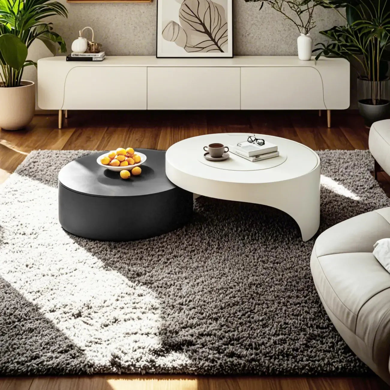 Table basse ronde moderne en bois gris avec tiroir