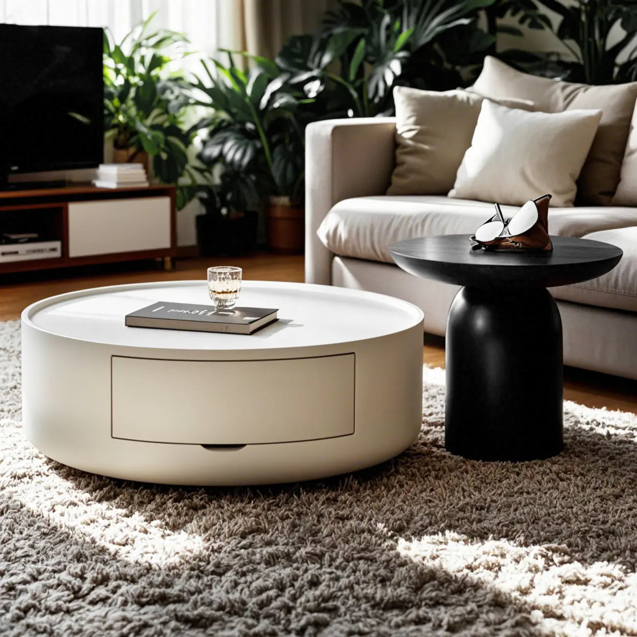 Table basse ronde moderne en bois noir et blanc avec rangement