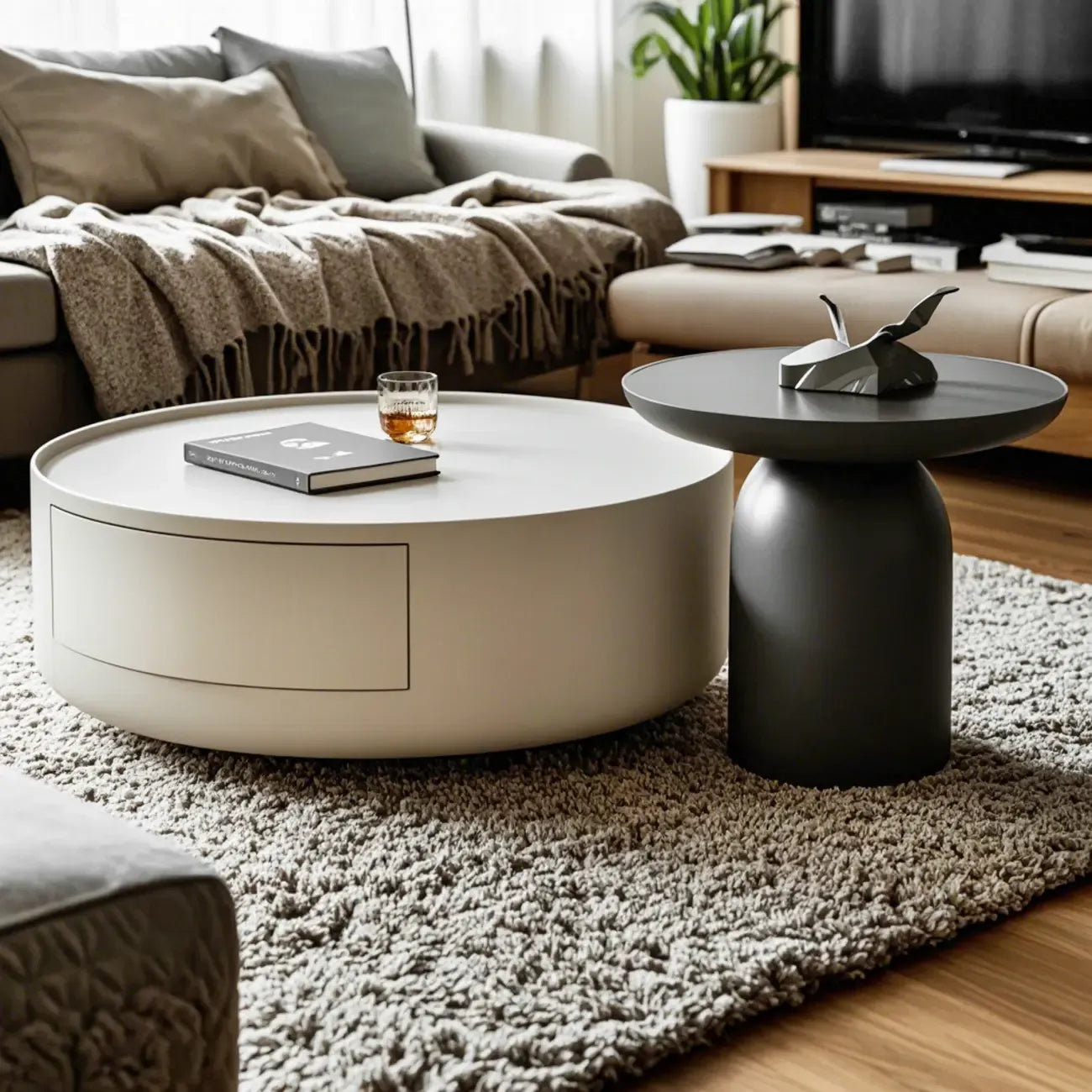 Table basse ronde moderne en bois noir et blanc avec rangement