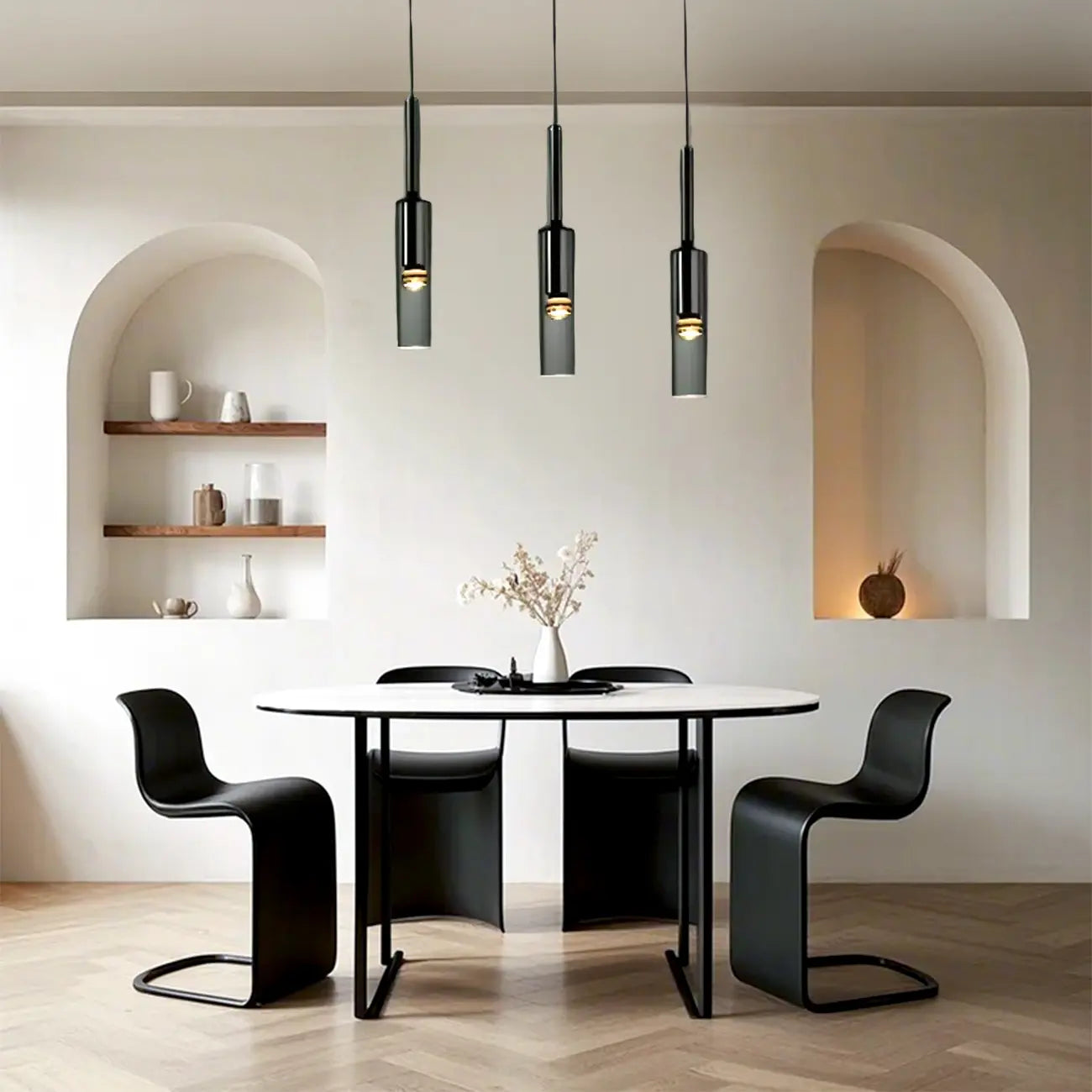 Suspension cylindrique en verre gris pour îlot de cuisine