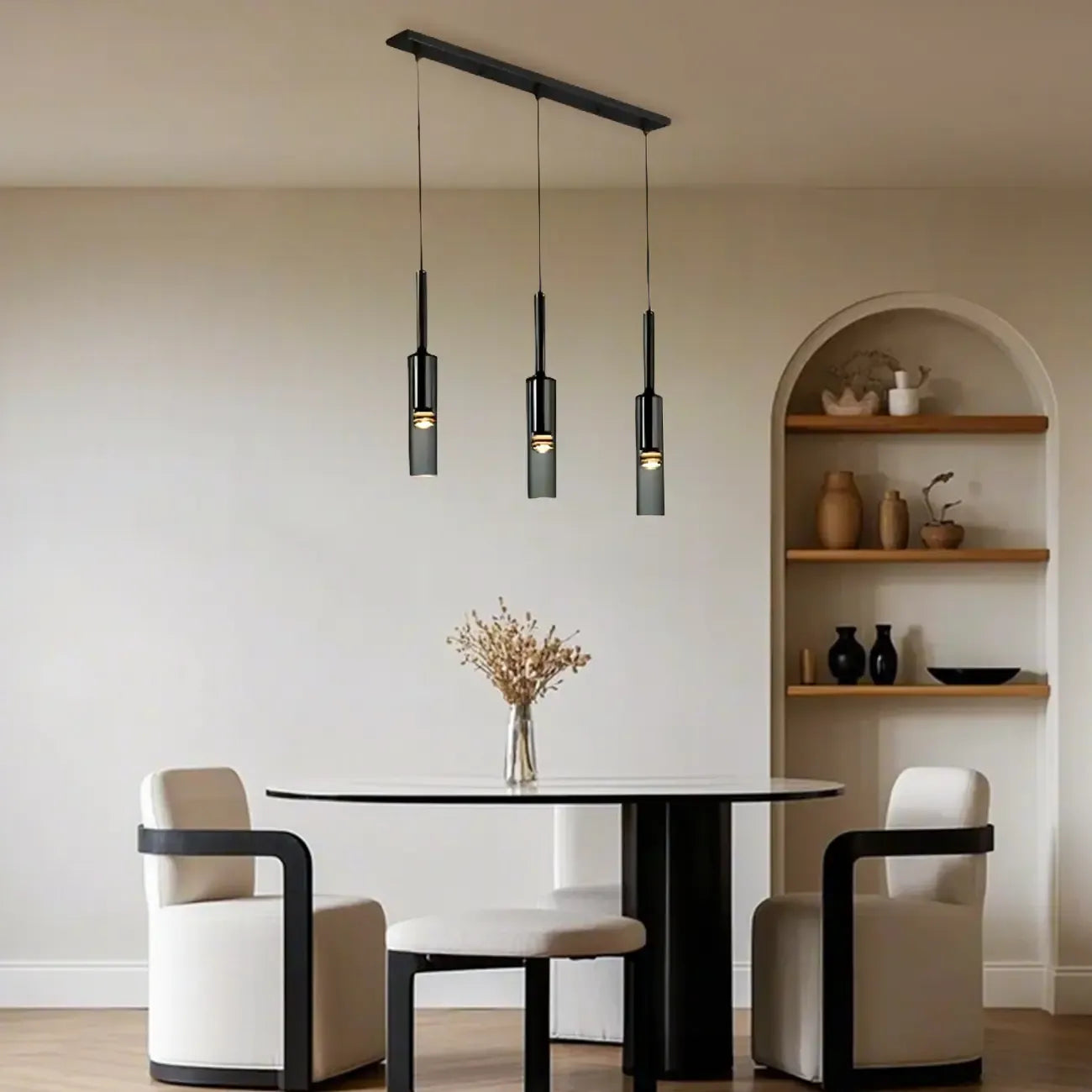 Suspension cylindrique en verre gris pour îlot de cuisine