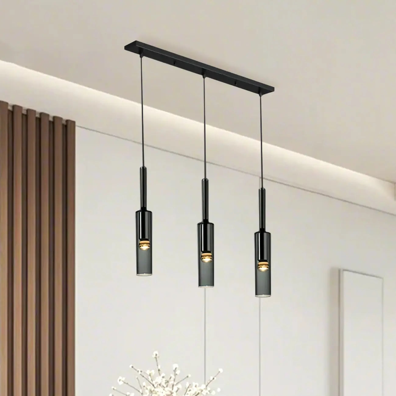 Suspension cylindrique en verre gris pour îlot de cuisine