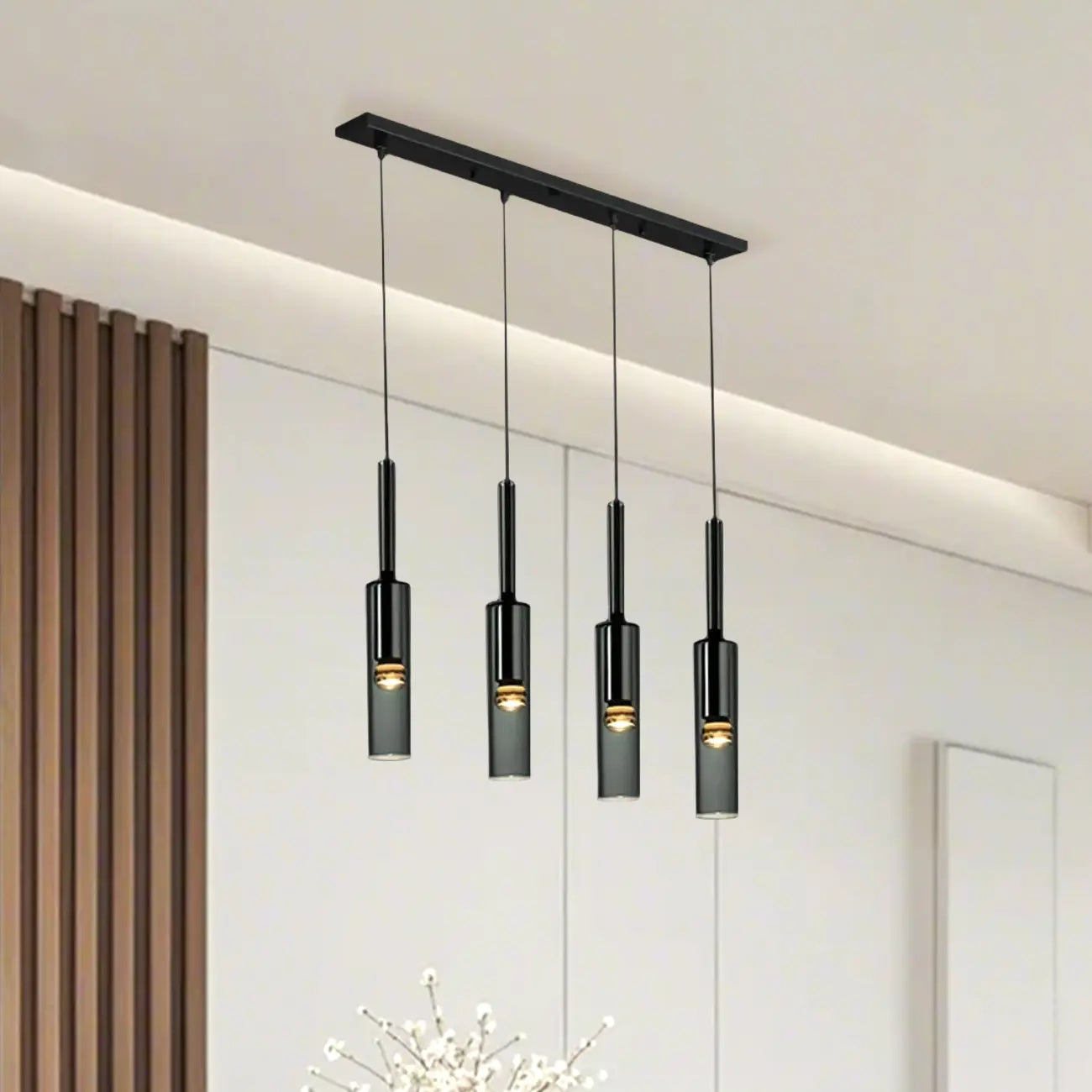 Suspension cylindrique en verre gris pour îlot de cuisine