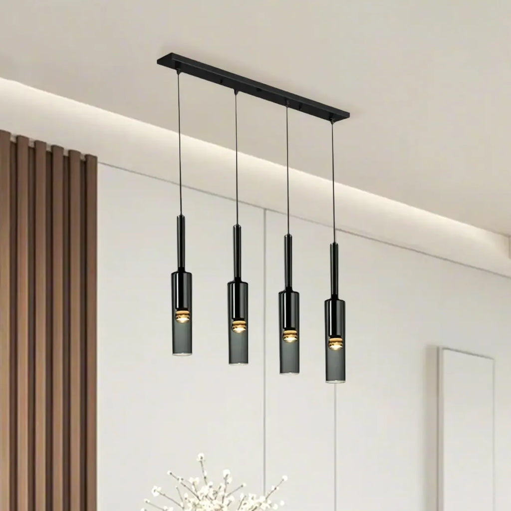 Suspension cylindrique en verre gris pour îlot de cuisine