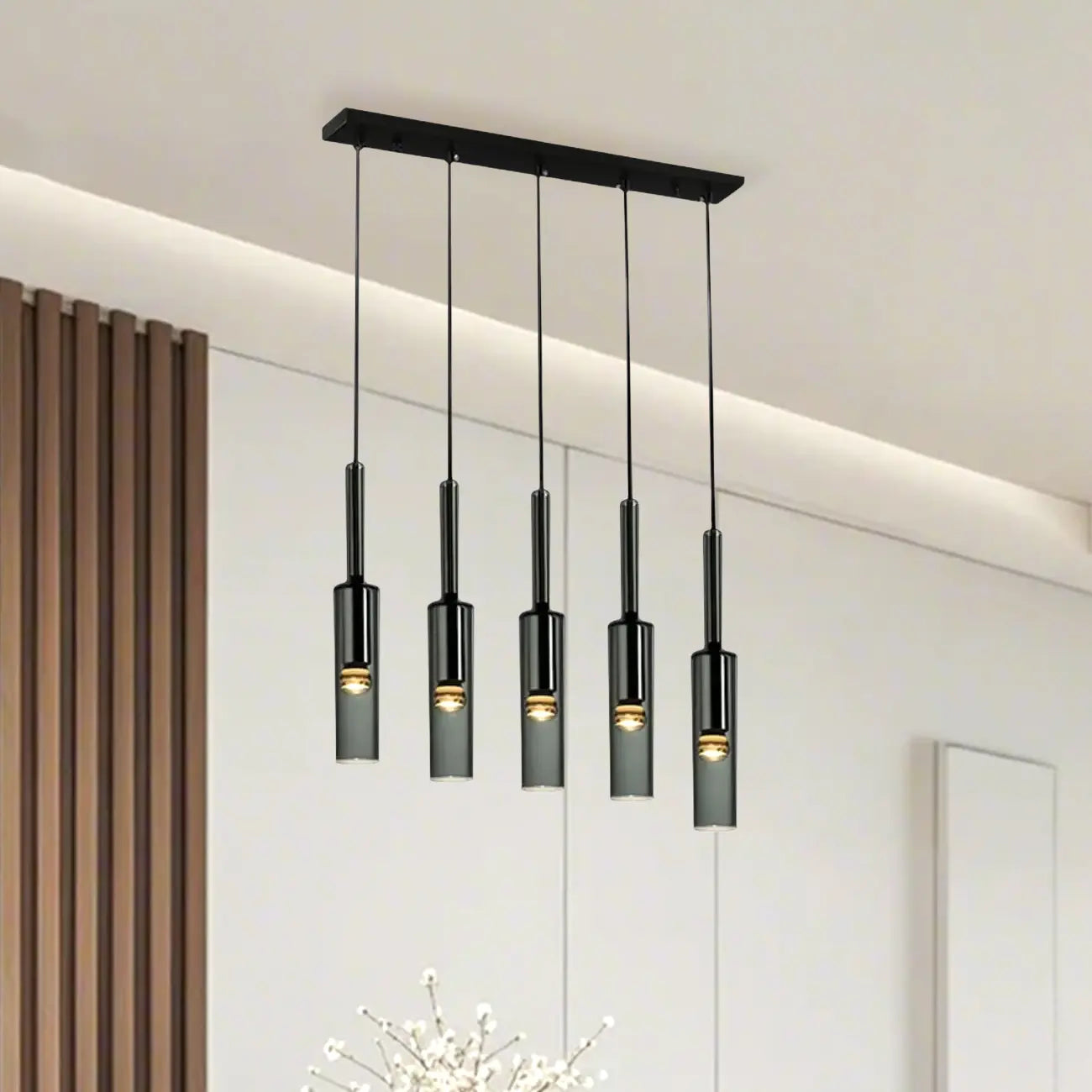 Suspension cylindrique en verre gris pour îlot de cuisine