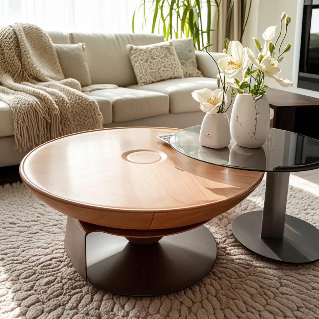 Table basse gigogne ronde en bois brun avec base en acier noir