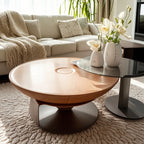 Table basse gigogne ronde en bois brun avec base en acier noir