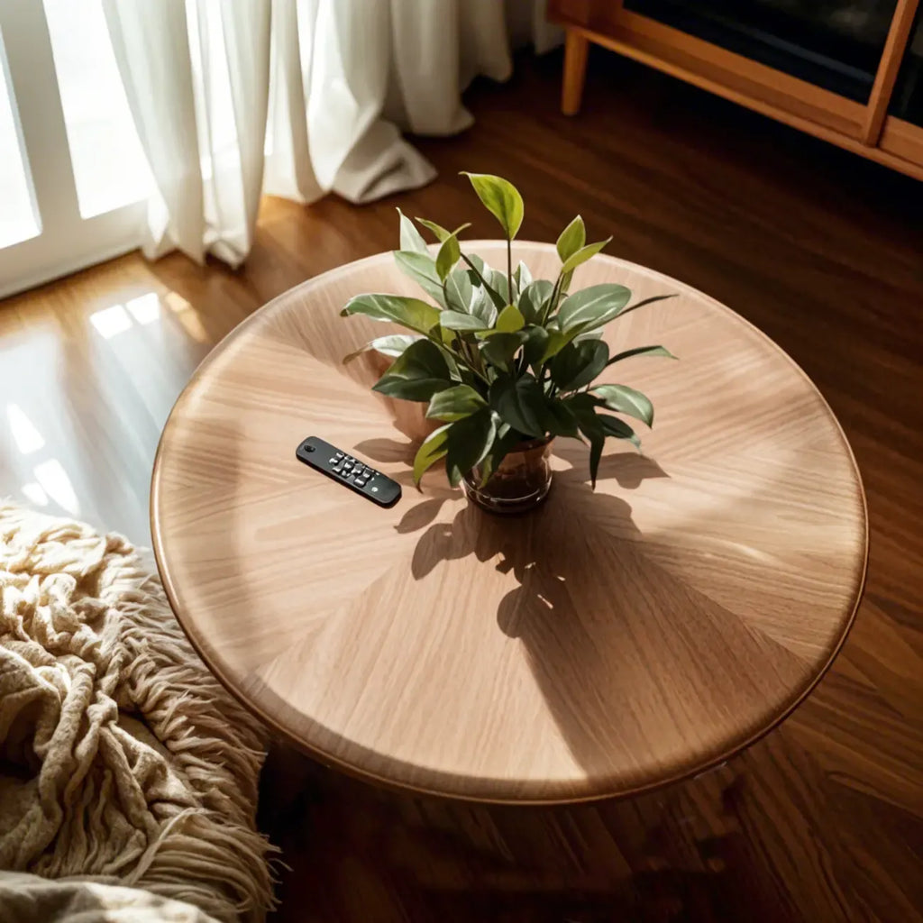 Table basse gigogne ronde en bois brun avec base en acier noir